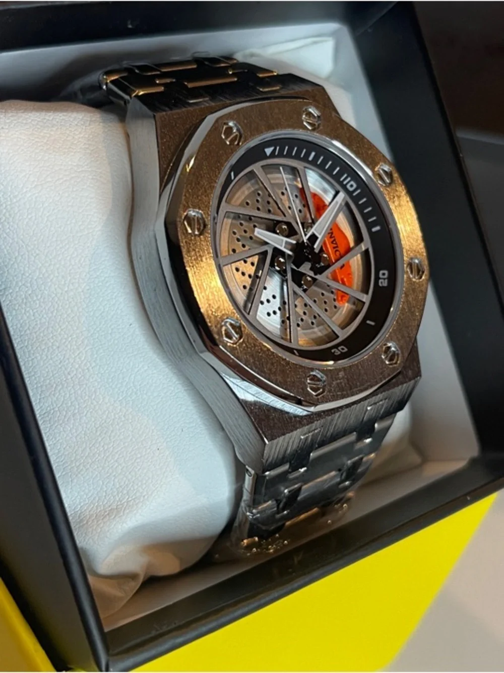 Skeleton Dial Stainless Steel Watch with Orange Accent - 69484
